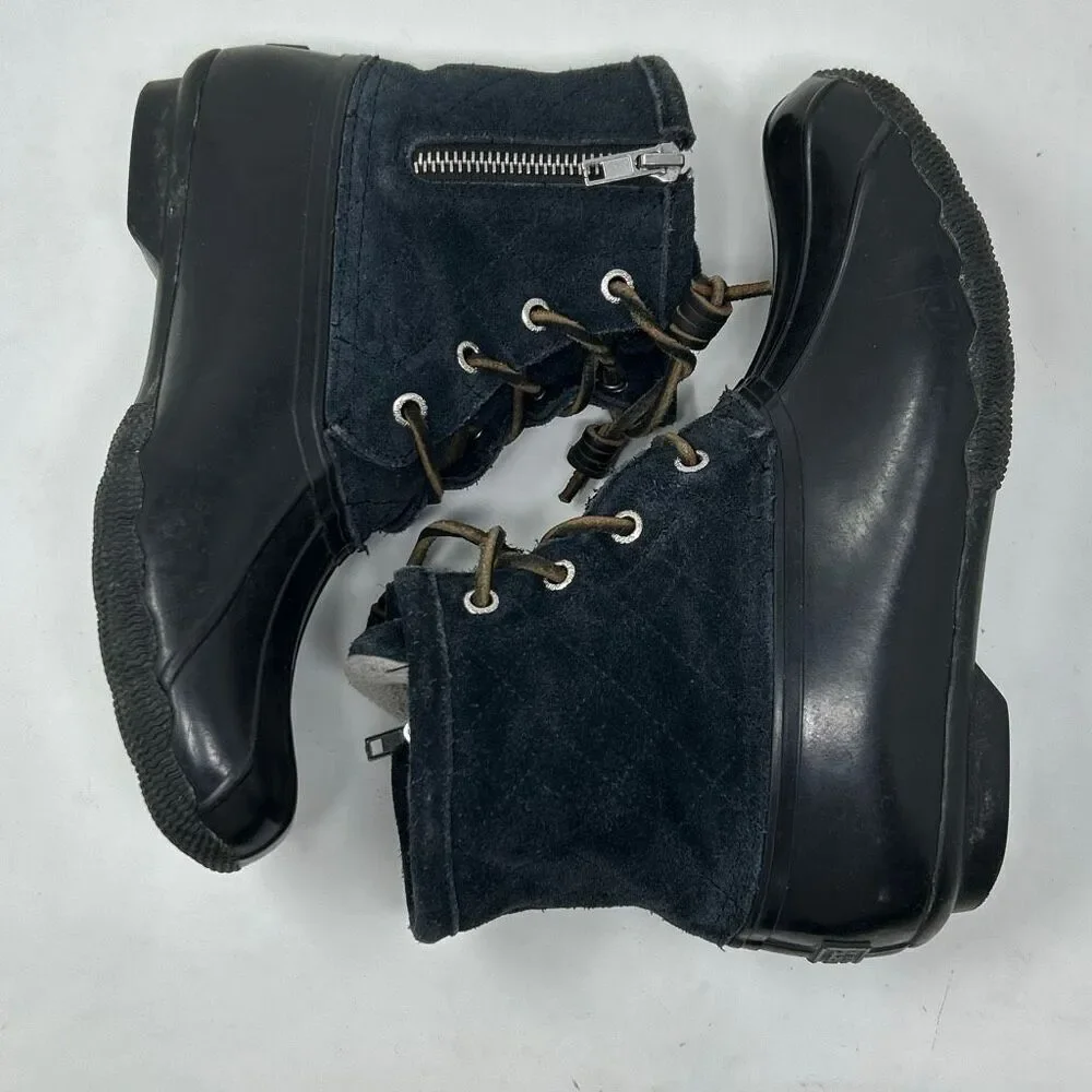 Sperry Duck Boots Black Sz 7 Suede Leather Upper Rain Snow Rubber Side Zip